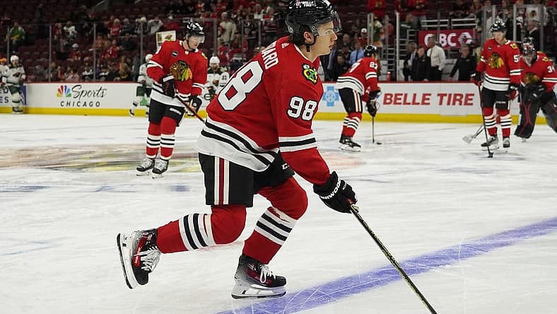 Oct 5, 2023; Chicago, Illinois, USA; Chicago Blackhawks center Connor Bedard (98) warms up before the game against the Minnesota Wild at United Center. Mandatory Credit: David Banks-USA TODAY Sports