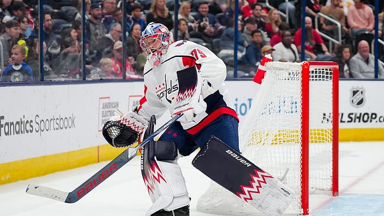 Oct 5, 2023; Columbus, Ohio, USA; Washington Capitals goaltender Charlie Lindgren (79) skates for the puck against the Columbus Blue Jackets in the second period at Nationwide Arena. Mandatory Credit: Aaron Doster-USA TODAY Sports