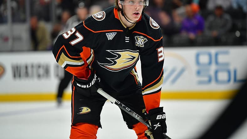 Oct 5, 2023; Anaheim, California, USA; Anaheim Ducks center Leo Carlsson (37) against the Arizona Coyotes during the second period at Honda Center. Mandatory Credit: Gary A. Vasquez-USA TODAY Sports
