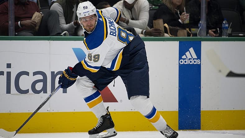 Oct 5, 2023; Dallas, Texas, USA; St. Louis Blues left wing Pavel Buchnevich (89) in action during the game between the Dallas Stars and the St. Louis Blues at the American Airlines Center. Mandatory Credit: Jerome Miron-USA TODAY Sports