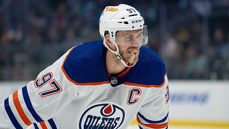 Oct 2, 2023; Seattle, Washington, USA; Edmonton Oilers forward Connor McDavid (97) during a game against the Seattle Kraken at Climate Pledge Arena. Mandatory Credit: Stephen Brashear-USA TODAY Sports