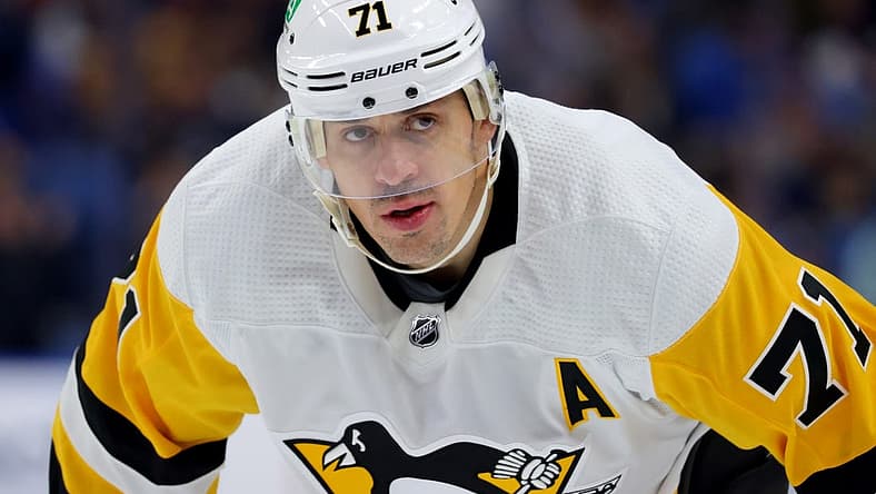 Oct 6, 2023; Buffalo, New York, USA;  Pittsburgh Penguins center Evgeni Malkin (71) waits for the face-off during the third period against the Buffalo Sabres at KeyBank Center. Mandatory Credit: Timothy T. Ludwig-USA TODAY Sports