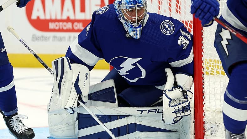 Oct 10, 2023; Tampa, Florida, USA; Tampa Bay Lightning goaltender Jonas Johansson (31) looks on against the Nashville Predators during the second period at Amalie Arena. Mandatory Credit: Kim Klement Neitzel-USA TODAY Sports
