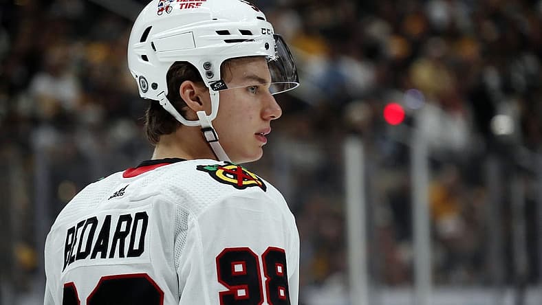 Oct 10, 2023; Pittsburgh, Pennsylvania, USA; Chicago Blackhawks center Connor Bedard (98) looks on before a face-off against the Pittsburgh Penguins during the first period at the PPG Paints Arena. Bedard is making his NHL debut. Mandatory Credit: Charles LeClaire-USA TODAY Sports
