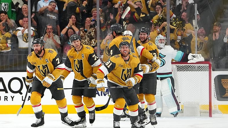 Oct 10, 2023; Las Vegas, Nevada, USA; Vegas Golden Knights right wing Jonathan Marchessault (81) skates back to the bench after scoring a goal against the Seattle Kraken during the first period at T-Mobile Arena. Mandatory Credit: Stephen R. Sylvanie-USA TODAY Sports