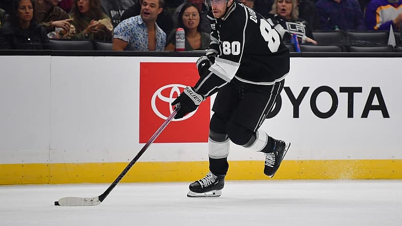 Oct 11, 2023; Los Angeles, California, USA; Los Angeles Kings left wing Pierre-Luc Dubois (80) moves the puck against the Colorado Avalanche during the second period at Crypto.com Arena. Mandatory Credit: Gary A. Vasquez-USA TODAY Sports