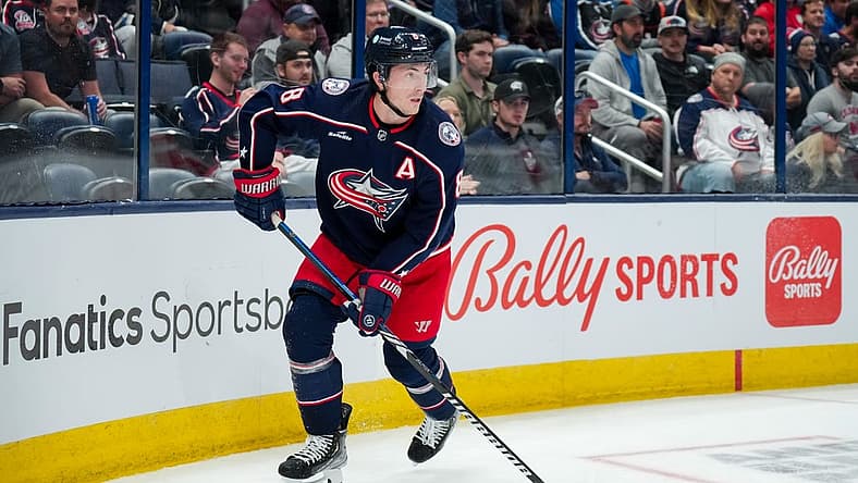 Oct 12, 2023; Columbus, Ohio, USA; Columbus Blue Jackets defenseman Zach Werenski (8) skates with the puck against the Philadelphia Flyers in the second period at Nationwide Arena. Mandatory Credit: Aaron Doster-USA TODAY Sports