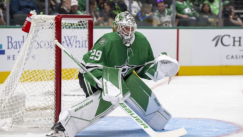 Oct 12, 2023; Dallas, Texas, USA; Dallas Stars goaltender Jake Oettinger (29) faces the St. Louis Blues attack during the first period at the American Airlines Center. Mandatory Credit: Jerome Miron-USA TODAY Sports