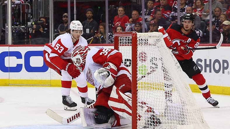 Oct 12, 2023; Newark, New Jersey, USA; New Jersey Devils center Jack Hughes (86) scores a goal against the Detroit Red Wings during the second period at Prudential Center. Mandatory Credit: Ed Mulholland-USA TODAY Sports