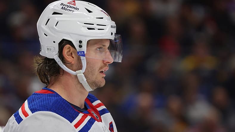 Oct 12, 2023; Buffalo, New York, USA; New York Rangers defenseman Jacob Trouba (8) during the first period against the Buffalo Sabres at KeyBank Center. Mandatory Credit: Timothy T. Ludwig-USA TODAY Sports