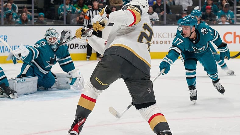 Oct 12, 2023; San Jose, California, USA; Vegas Golden Knights right wing Michael Amadio (22) scores a goal against the San Jose Sharks during the first period at SAP Center at San Jose. Mandatory Credit: Robert Edwards-USA TODAY Sports