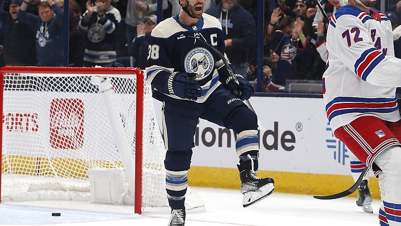 Oct 14, 2023; Columbus, Ohio, USA; Columbus Blue Jackets center Boone Jenner (38) celebrates his goal against the New York Rangers during the first period at Nationwide Arena. Mandatory Credit: Russell LaBounty-USA TODAY Sports