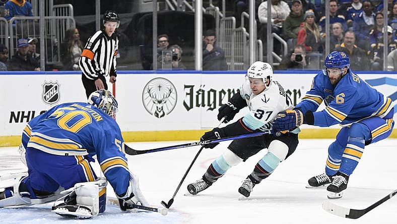 Oct 14, 2023; St. Louis, Missouri, USA; St. Louis Blues goaltender Jordan Binnington (50) and defenseman Marco Scandella (6) defend the net from Seattle Kraken center Yanni Gourde (37) during the first period at Enterprise Center. Mandatory Credit: Jeff Le-USA TODAY Sports
