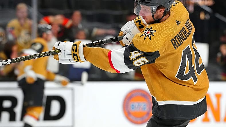 Oct 14, 2023; Las Vegas, Nevada, USA; Vegas Golden Knights right wing Jonas Rondbjerg (46) warms up before a game against the Anaheim Ducks at T-Mobile Arena. Mandatory Credit: Stephen R. Sylvanie-USA TODAY Sports
