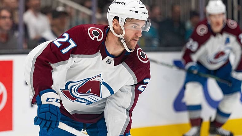 Oct 14, 2023; San Jose, California, USA; Colorado Avalanche left wing Jonathan Drouin (27) during the third period against the San Jose Sharks at SAP Center at San Jose. Mandatory Credit: Stan Szeto-USA TODAY Sports