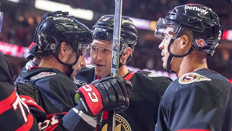 Oct 15, 2023; Ottawa, Ontario, CAN; Ottawa Senators right wing Vladimir Tarasenko (91) celebrates with team his goal scored against the Tampa Bay Lightning in the first period at the Canadian Tire Centre. Mandatory Credit: Marc DesRosiers-USA TODAY Sports