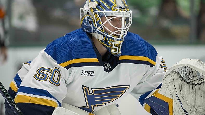Oct 12, 2023; Dallas, Texas, USA; St. Louis Blues goaltender Jordan Binnington (50) in action during the game between the Dallas Stars and the St. Louis Blues at the American Airlines Center. Mandatory Credit: Jerome Miron-USA TODAY Sports
