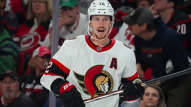 Oct 11, 2023; Raleigh, North Carolina, USA;  Ottawa Senators defenseman Thomas Chabot (72) reacts against the Carolina Hurricanes during the second period at PNC Arena. Mandatory Credit: James Guillory-USA TODAY Sports