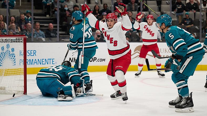 Oct 17, 2023; San Jose, California, USA; Carolina Hurricanes center Seth Jarvis (24) reacts after scoring a goal against the San Jose Sharks during the first period at SAP Center at San Jose. Mandatory Credit: Robert Edwards-USA TODAY Sports