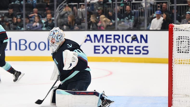 Oct 17, 2023; Seattle, Washington, USA; Seattle Kraken goaltender Philipp Grubauer (31) misses the goal shot by Colorado Avalanche right wing Mikko Rantanen (96) (not pictured) for a goal during the third period at Climate Pledge Arena. Mandatory Credit: Steven Bisig-USA TODAY Sports