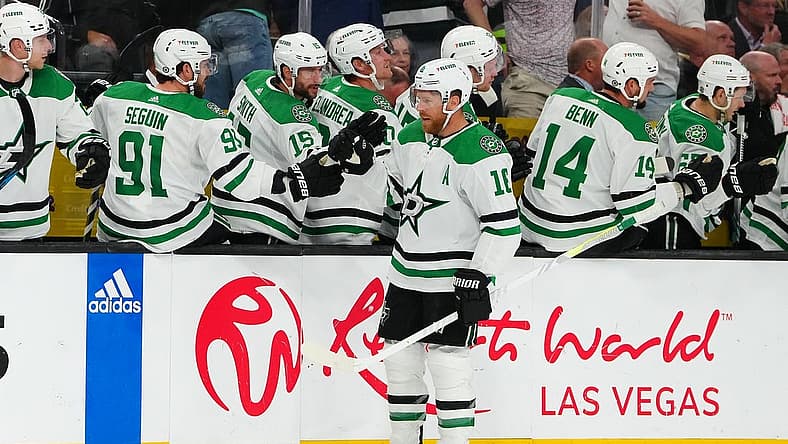 Oct 17, 2023; Las Vegas, Nevada, USA; Dallas Stars center Joe Pavelski (16) celebrates after scoring a goal against the Vegas Golden Knights during the third period at T-Mobile Arena. Mandatory Credit: Stephen R. Sylvanie-USA TODAY Sports