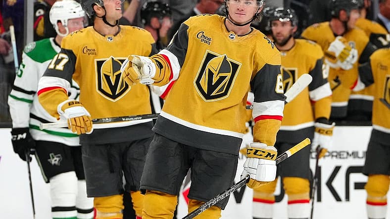 Oct 17, 2023; Las Vegas, Nevada, USA; Vegas Golden Knights defenseman Kaedan Korczak (6) gestures towards Vegas Golden Knights goaltender Adin Hill (33) after scoring a goal against the Dallas Stars during the second period at T-Mobile Arena. Mandatory Credit: Stephen R. Sylvanie-USA TODAY Sports