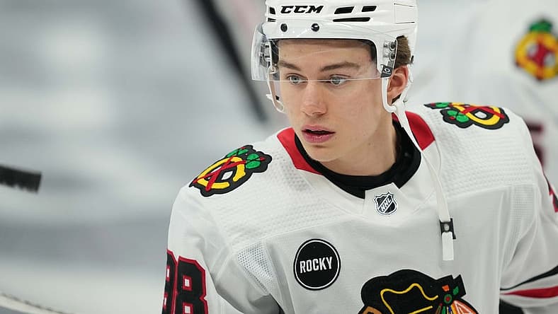 Oct 16, 2023; Toronto, Ontario, CAN; Chicago Blackhawks center Connor Bedard (98) during the warmup before a game against the Toronto Maple Leafs at Scotiabank Arena. Mandatory Credit: Nick Turchiaro-USA TODAY Sports