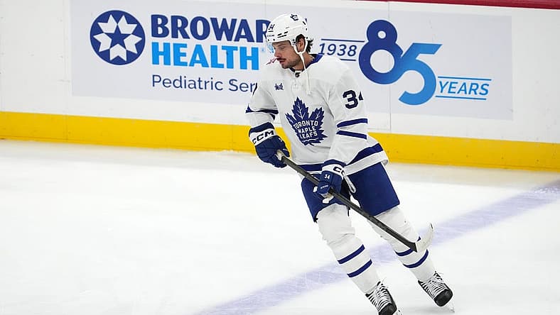 Oct 19, 2023; Sunrise, Florida, USA; Toronto Maple Leafs center Auston Matthews (34) warms up prior to the game against the Florida Panthers at Amerant Bank Arena. Mandatory Credit: Jasen Vinlove-USA TODAY Sports