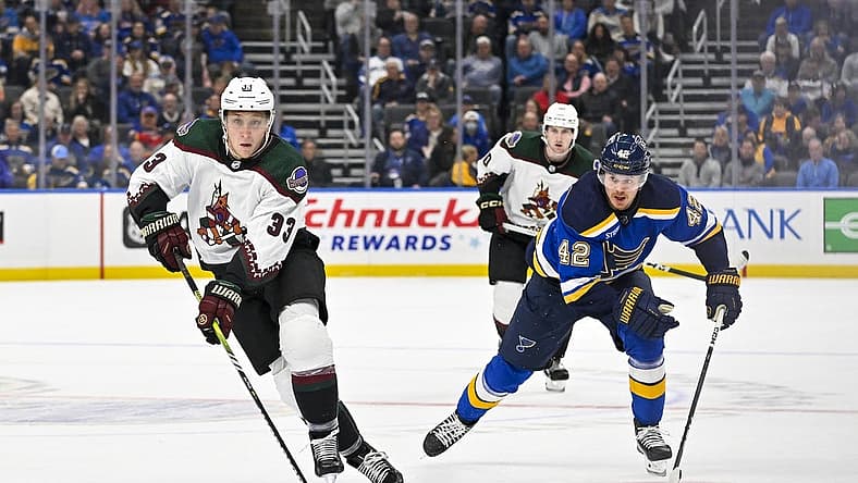 Oct 19, 2023; St. Louis, Missouri, USA; Arizona Coyotes defenseman Travis Dermott (33) handles the puck against the St. Louis Blues during the first period at Enterprise Center. Mandatory Credit: Jeff Curry-USA TODAY Sports
