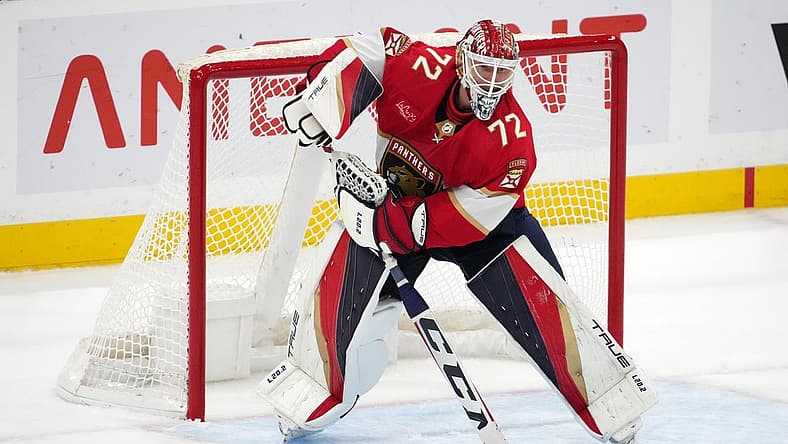 Oct 19, 2023; Sunrise, Florida, USA; Florida Panthers goaltender Sergei Bobrovsky (72) plays the puck against the Toronto Maple Leafs during the second period at Amerant Bank Arena. Mandatory Credit: Jasen Vinlove-USA TODAY Sports