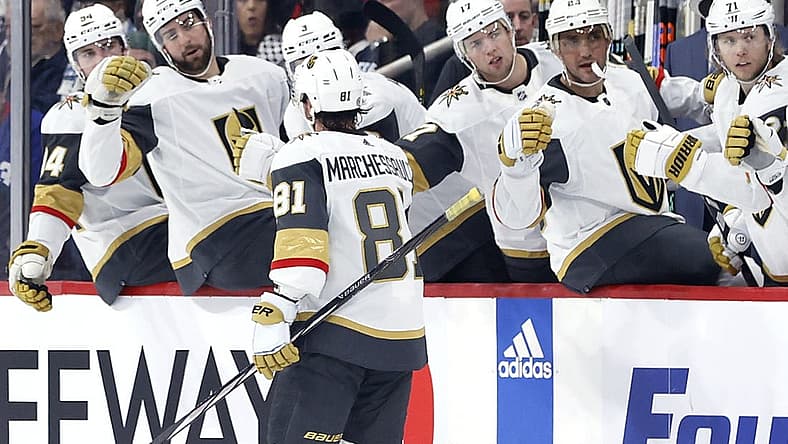 Oct 19, 2023; Winnipeg, Manitoba, CAN; Vegas Golden Knights right wing Jonathan Marchessault (81) celebrates his first period goal against the Winnipeg Jets at Canada Life Centre. Mandatory Credit: James Carey Lauder-USA TODAY Sports