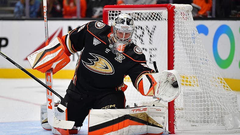 Oct 19, 2023; Anaheim, California, USA; Anaheim Ducks goaltender John Gibson (36) stops a shot against the Dallas Stars during the first period at Honda Center. Mandatory Credit: Gary A. Vasquez-USA TODAY Sports