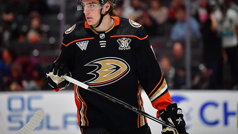 Oct 19, 2023; Anaheim, California, USA; Anaheim Ducks center Leo Carlsson (91) against the Dallas Stars during the second period at Honda Center. Mandatory Credit: Gary A. Vasquez-USA TODAY Sports