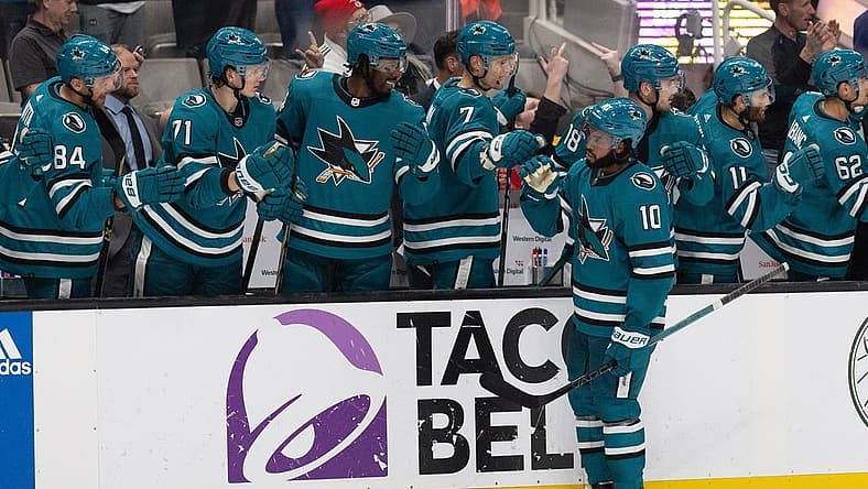 Oct 19, 2023; San Jose, California, USA; San Jose Sharks left wing Anthony Duclair (10) celebrates with teammates after scoring a goal during the third period against the Boston Bruins at SAP Center at San Jose. Mandatory Credit: Stan Szeto-USA TODAY Sports