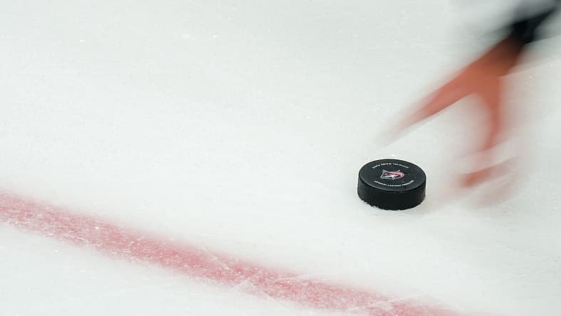 Oct 20, 2023; Columbus, Ohio, USA; NHL referee Peter MacDougall (38) grabs the puck off the ice during the game between the Calgary Flames and the Columbus Blue Jackets in the first period at Nationwide Arena. Mandatory Credit: Aaron Doster-USA TODAY Sports