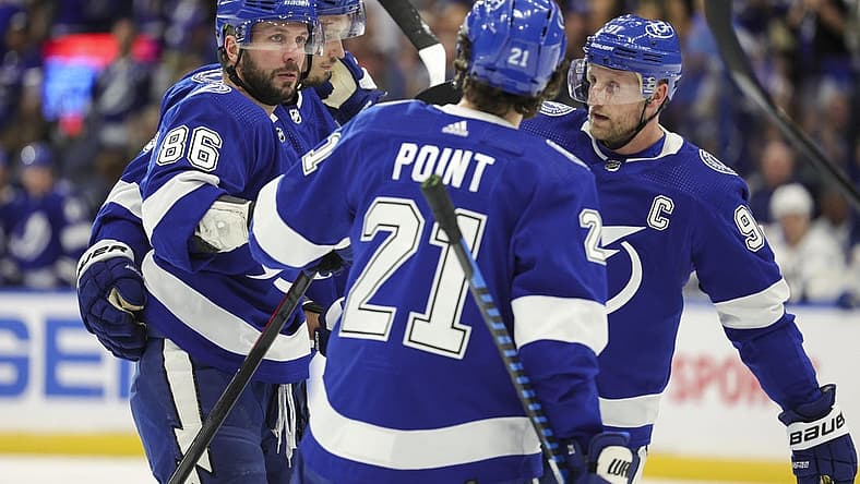 Oct 21, 2023; Tampa, Florida, USA; Tampa Bay Lightning right wing Nikita Kucherov (86) celebrates after scoring a goal against the Toronto Maple Leafs in the first period at Amalie Arena. Mandatory Credit: Nathan Ray Seebeck-USA TODAY Sports