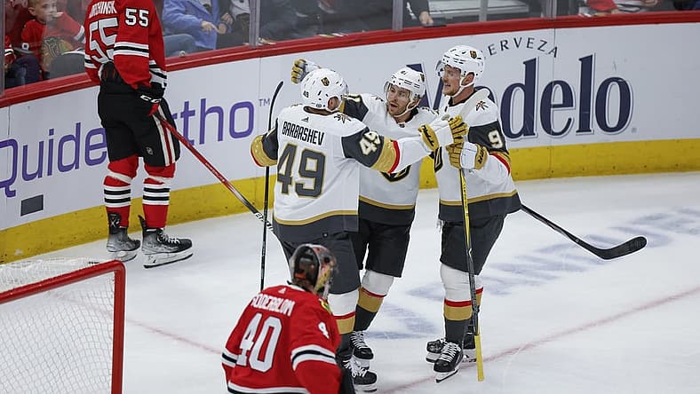 Oct 21, 2023; Chicago, Illinois, USA; Vegas Golden Knights right wing Jonathan Marchessault (81) celebrates with teammates after scoring against the Chicago Blackhawks during the second period at United Center. Mandatory Credit: Kamil Krzaczynski-USA TODAY Sports