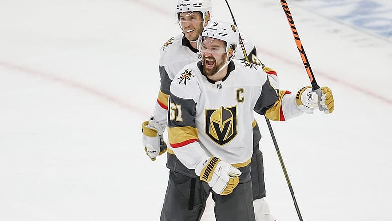 Oct 21, 2023; Chicago, Illinois, USA; Vegas Golden Knights right wing Mark Stone (61) celebrates after scoring against the Chicago Blackhawks during the third period at United Center. Mandatory Credit: Kamil Krzaczynski-USA TODAY Sports
