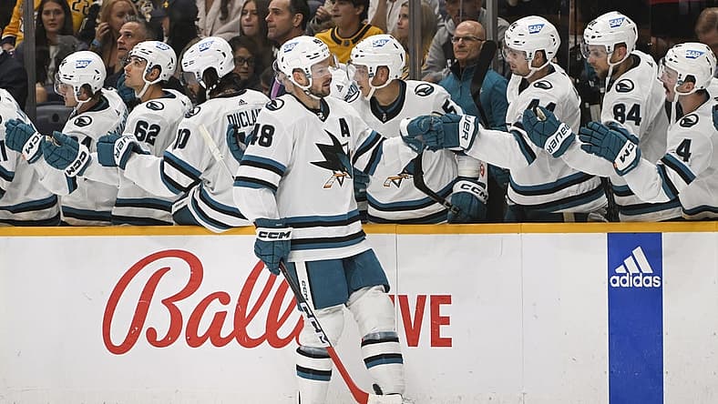 Oct 21, 2023; Nashville, Tennessee, USA; San Jose Sharks center Tomas Hertl (48) celebrates his goal against the Nashville Predators during the third period at Bridgestone Arena. Mandatory Credit: Steve Roberts-USA TODAY Sports