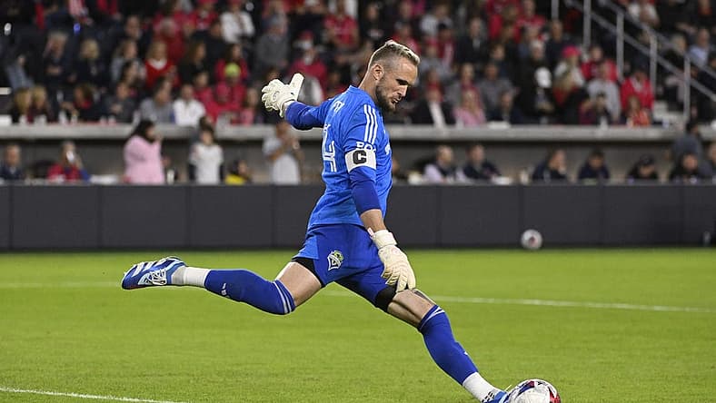 Oct 21, 2023; St. Louis, Missouri, USA; Seattle Sounders goalkeeper Stefan Frei (24) drives the ball against St. Louis City in the second half at CITYPARK. Mandatory Credit: Joe Puetz-USA TODAY Sports