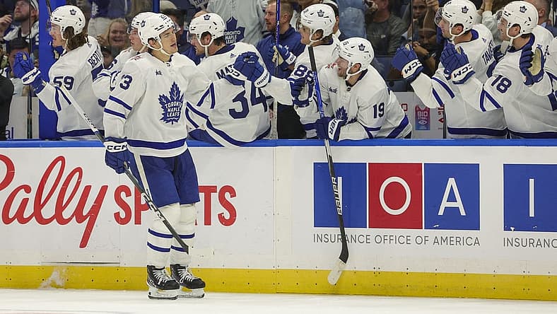Oct 21, 2023; Tampa, Florida, USA; Toronto Maple Leafs left wing Matthew Knies (23) celebrates after scoring a goal against the Tampa Bay Lightning in the third period at Amalie Arena. Mandatory Credit: Nathan Ray Seebeck-USA TODAY Sports