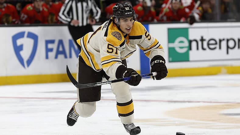 Oct 11, 2023; Boston, Massachusetts, USA; Boston Bruins center Matthew Poitras (51) during the second period against the Chicago Blackhawks at TD Garden. Mandatory Credit: Winslow Townson-USA TODAY Sports
