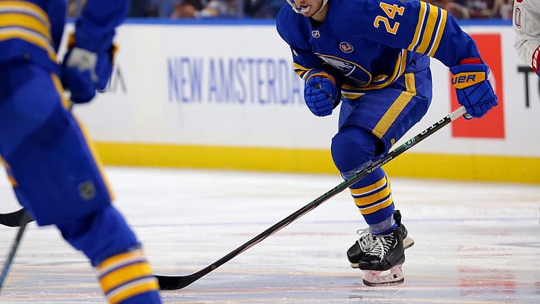 Oct 23, 2023; Buffalo, New York, USA; Buffalo Sabres center Dylan Cozens (24) looks for the puck during the third period against the Montreal Canadiens at KeyBank Center. Mandatory Credit: Timothy T. Ludwig-USA TODAY Sports