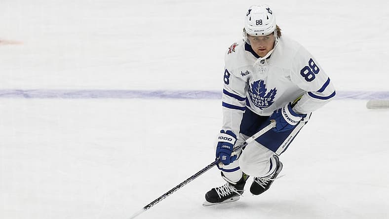 Oct 24, 2023; Washington, District of Columbia, USA; Toronto Maple Leafs right wing William Nylander (88) skates with the puck during warmup prior to the game against the Washington Capitals at Capital One Arena. Mandatory Credit: Geoff Burke-USA TODAY Sports