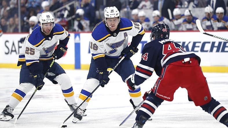 Oct 24, 2023; Winnipeg, Manitoba, CAN; St. Louis Blues center Jordan Kyrou (25) and center Robert Thomas (18) skate up the ice towards Winnipeg Jets defenseman Josh Morrissey (44) in the first period at Canada Life Centre. Mandatory Credit: James Carey Lauder-USA TODAY Sports