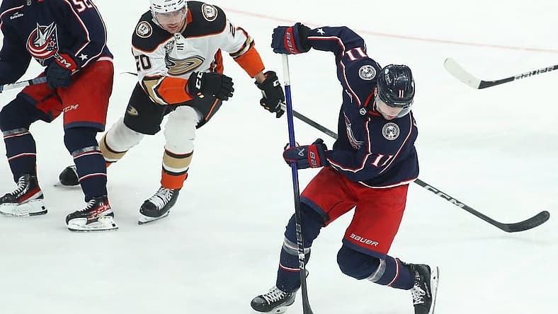 Oct 24, 2023; Columbus, Ohio, USA; Columbus Blue Jackets center Adam Fantilli (11) steals the puck from Anaheim Ducks right wing Brett Leason (20) during the third period at Nationwide Arena. Mandatory Credit: Joseph Maiorana-USA TODAY Sports