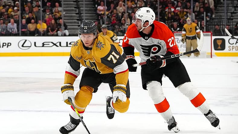 Oct 24, 2023; Las Vegas, Nevada, USA; Vegas Golden Knights center William Karlsson (71) skates ahead of Philadelphia Flyers left wing Noah Cates (27) during the second period at T-Mobile Arena. Mandatory Credit: Stephen R. Sylvanie-USA TODAY Sports
