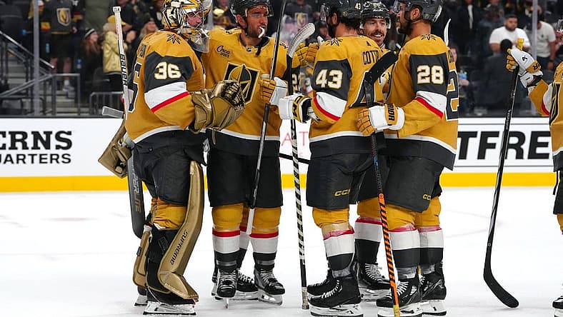 Oct 24, 2023; Las Vegas, Nevada, USA; Vegas Golden Knights goaltender Logan Thompson (36) celebrates with team mates after the Golden Knights defeated the Philadelphia Flyers 3-2 at T-Mobile Arena. Mandatory Credit: Stephen R. Sylvanie-USA TODAY Sports