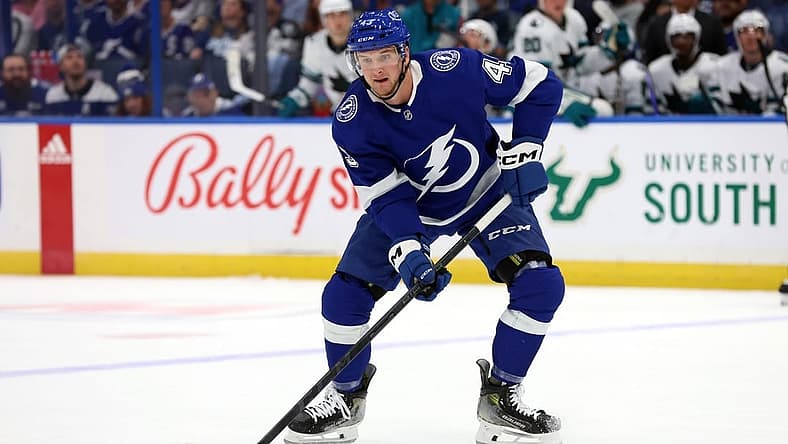 Oct 26, 2023; Tampa, Florida, USA; Tampa Bay Lightning defenseman Darren Raddysh (43) skates with the puck against the San Jose Sharks during the first period at Amalie Arena. Mandatory Credit: Kim Klement Neitzel-USA TODAY Sports