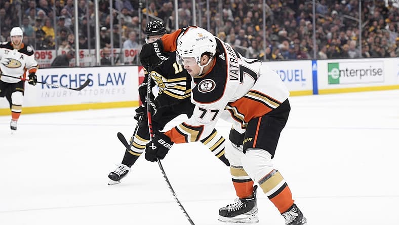 Oct 26, 2023; Boston, Massachusetts, USA; Anaheim Ducks right wing Frank Vatrano (77) shoots the puck during the second period against the Boston Bruins at TD Garden. Mandatory Credit: Bob DeChiara-USA TODAY Sports
